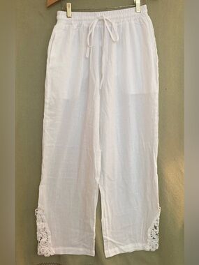 White Crochet Hem Drawstring 100% Cotton Pants Size M